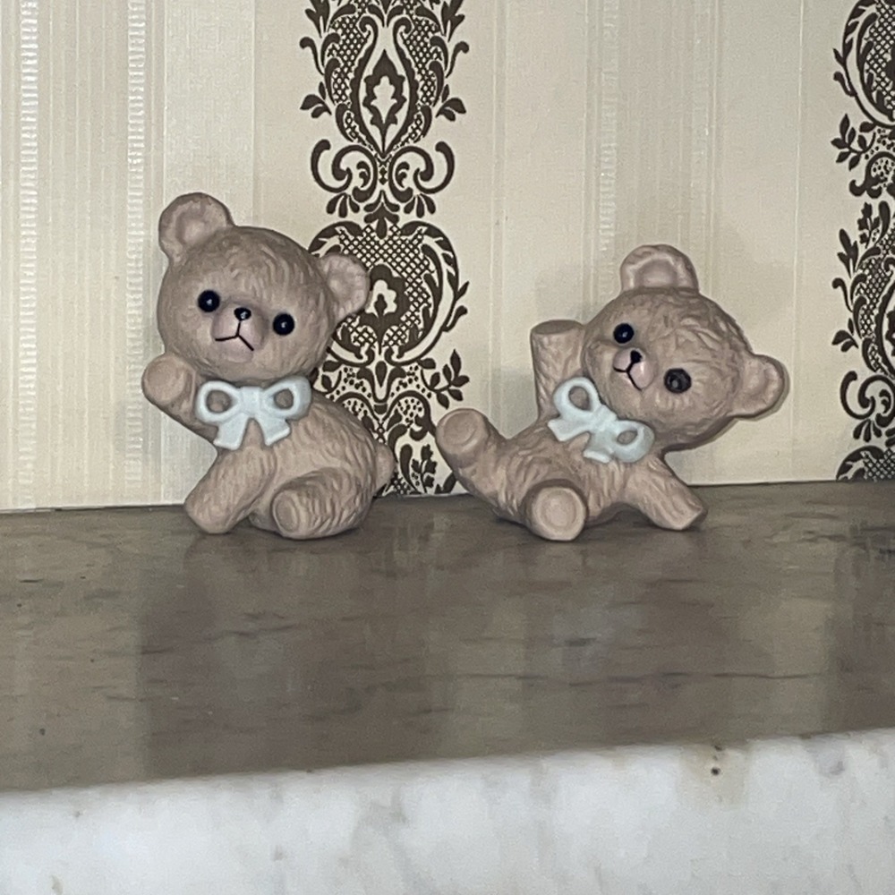 Vintage Homco Ceramic Bears Flip Flop Green Blue Bow Ties Name Tags